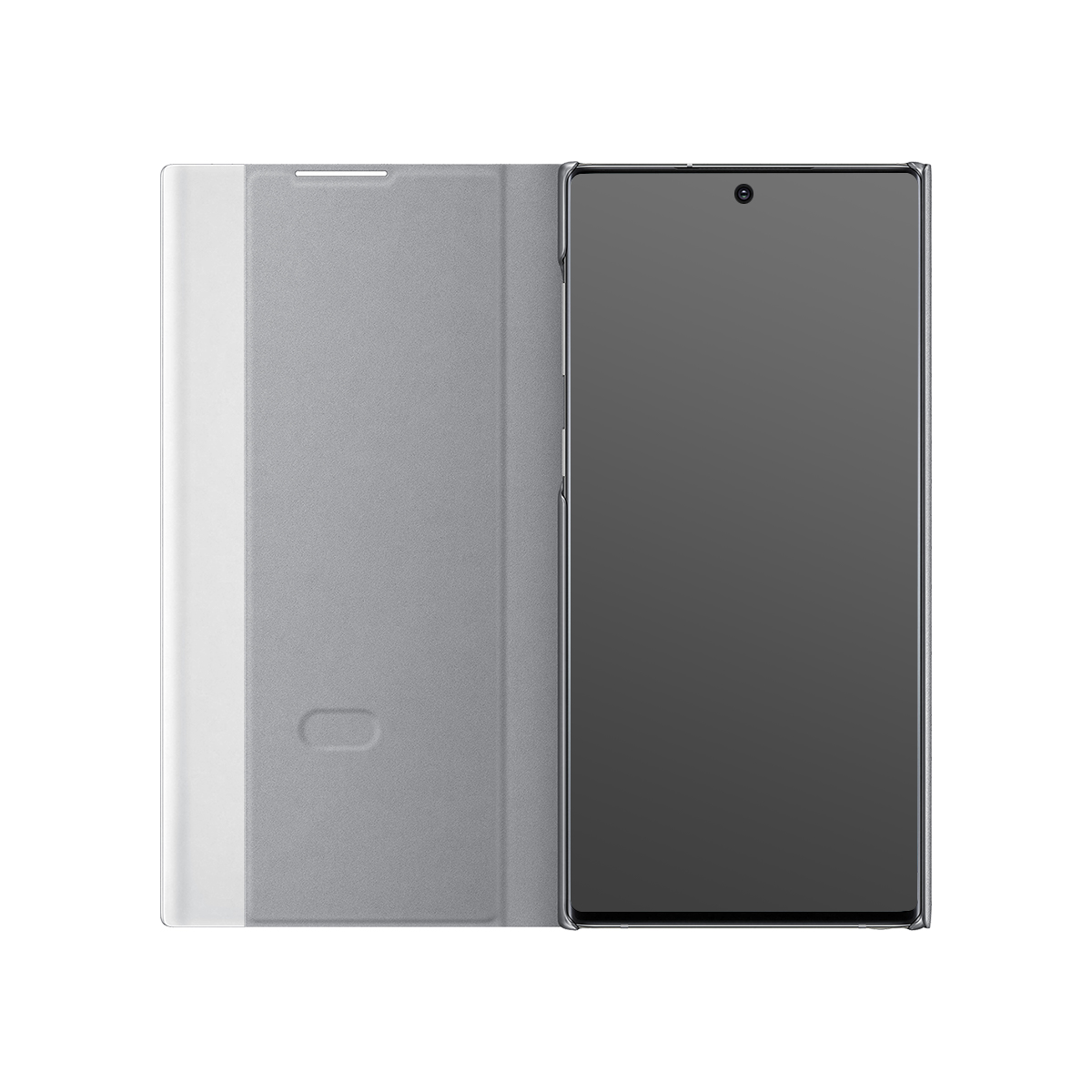 Uno smartphone grigio con custodia aperta su sfondo bianco.