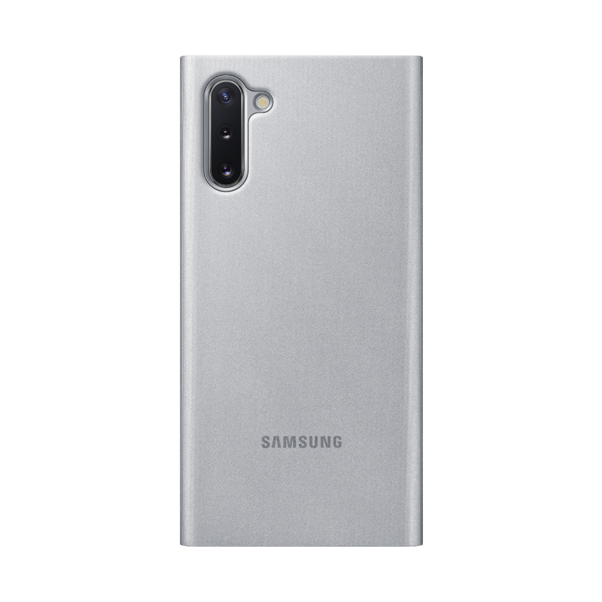 Telefono Samsung argento con modulo fotocamera e logo su sfondo bianco.
