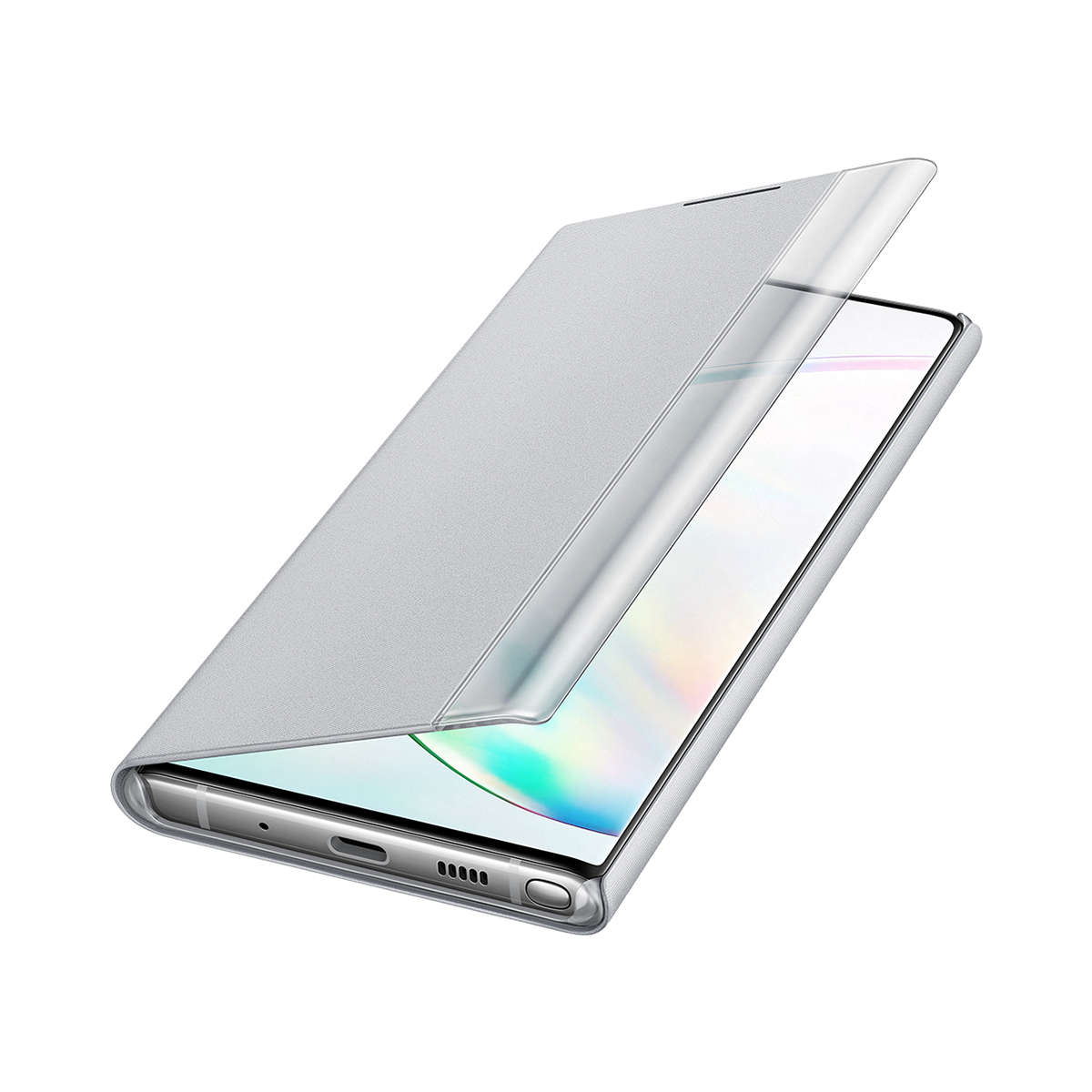 Uno smartphone argentato con cover semiaperta, su sfondo bianco.