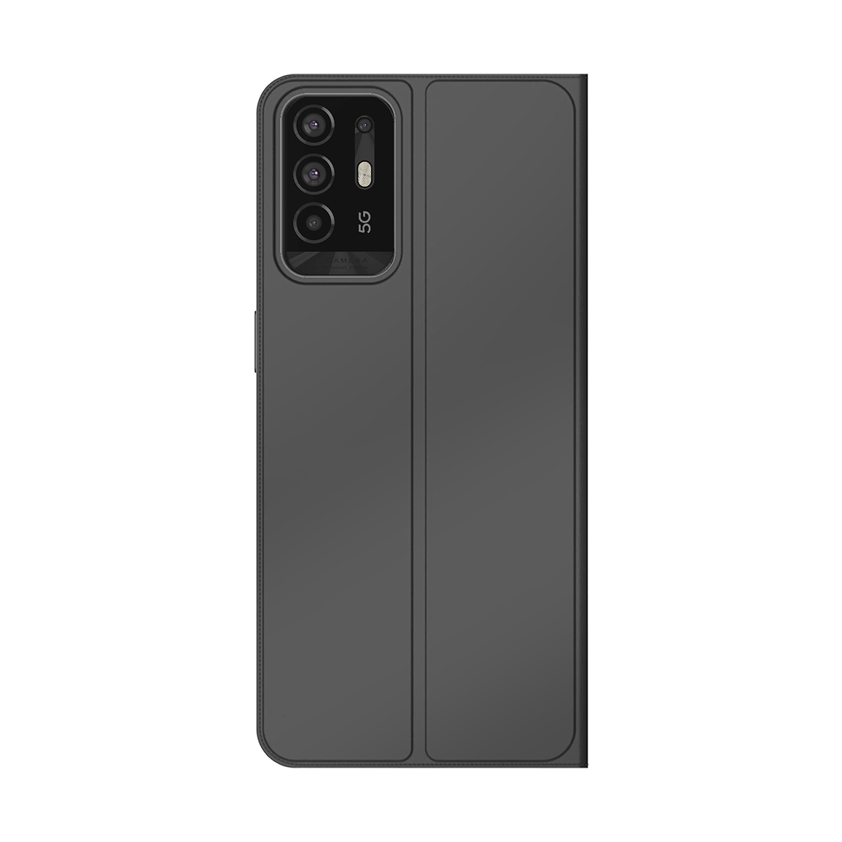 Graues Smartphone mit drei Kameras und 5G-Logo auf der Rückseite.