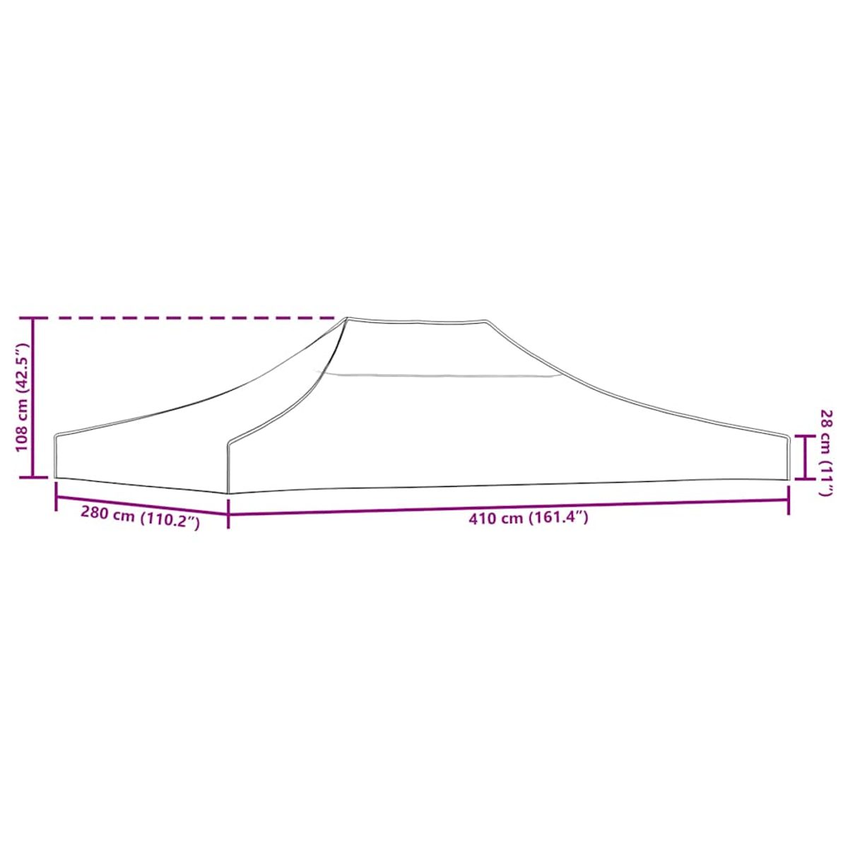 Sagoma tenda con dimensioni: 410 cm lungh., 280 cm largh., 108 cm alt.