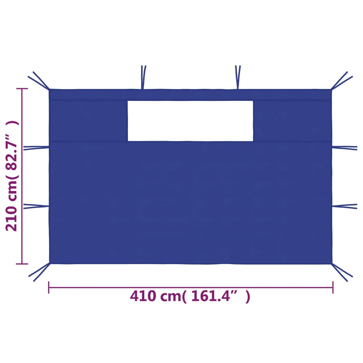 Telo blu, 410x210cm, con misure bianche e occhielli di fissaggio.