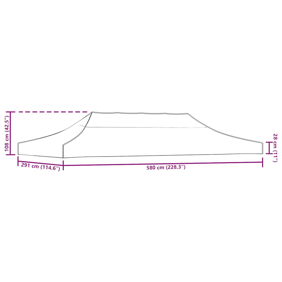 Contorno tenda con dimensioni: lunghezza 580 cm, larghezza 291 cm, altezza 108 cm.