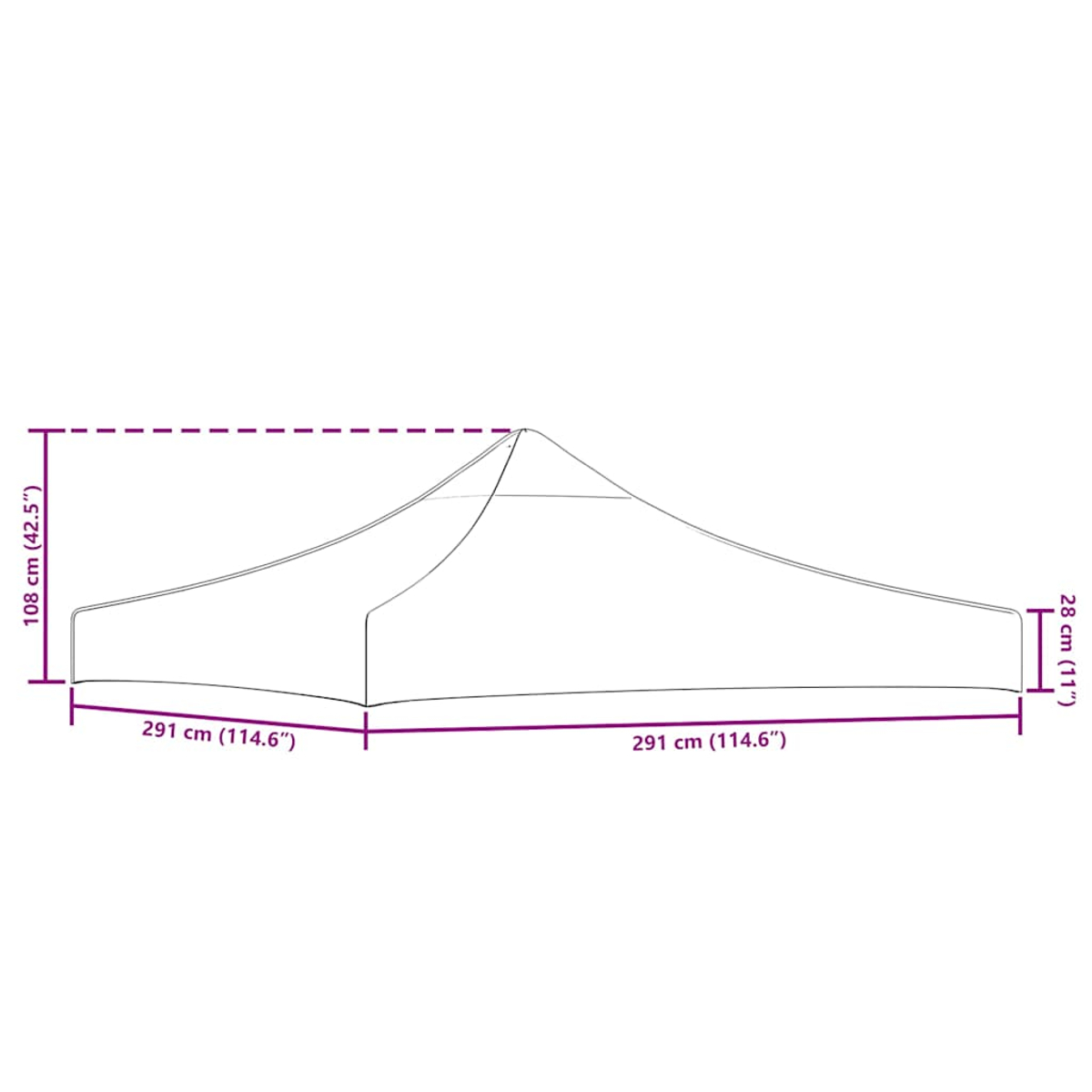 Una tettoia per tenda bianca con dimensioni: 108 cm altezza, 28 cm larghezza, 291 cm lunghezza.