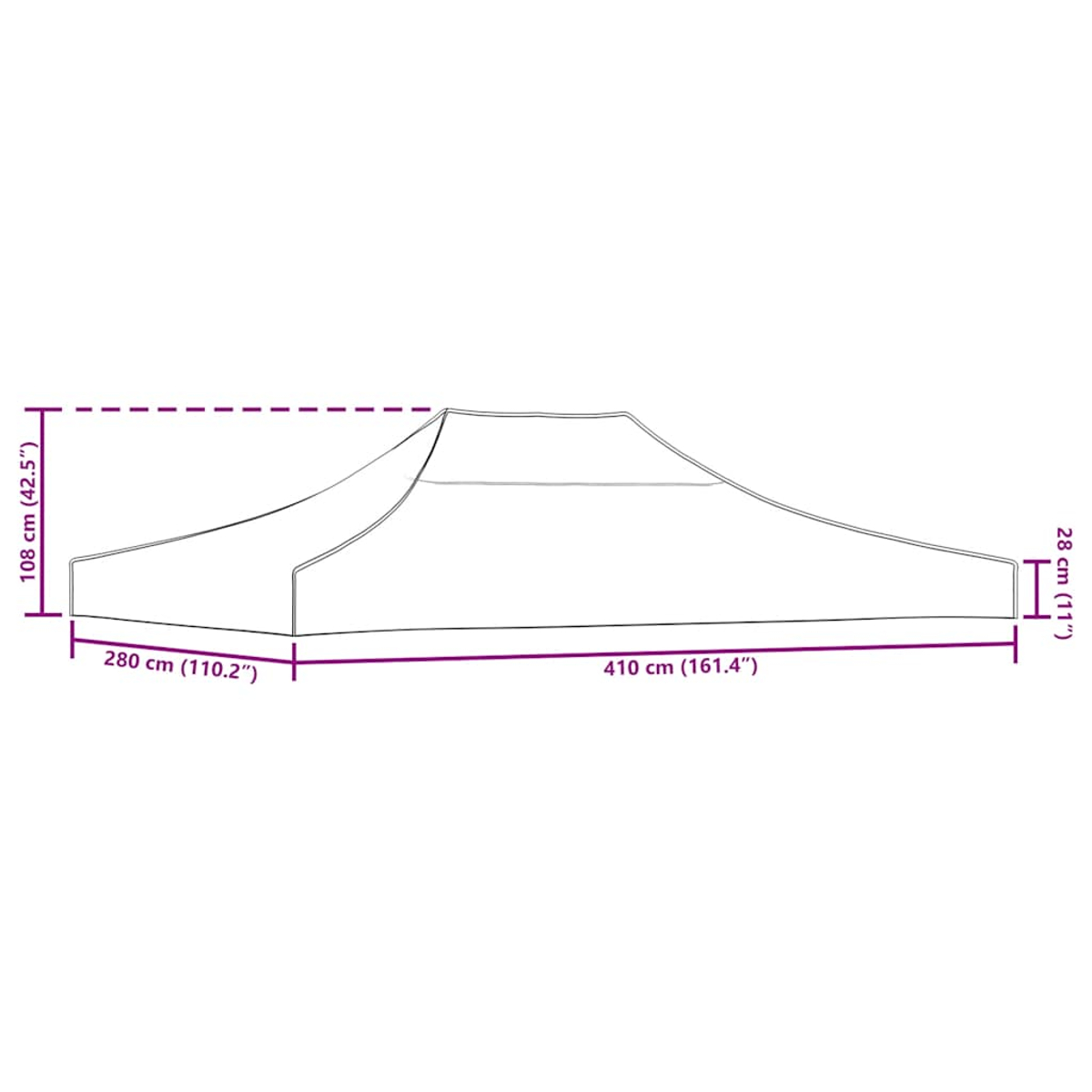 Diagramma di un tetto di tenda con dimensioni: 410 cm lunghezza, 280 cm larghezza.