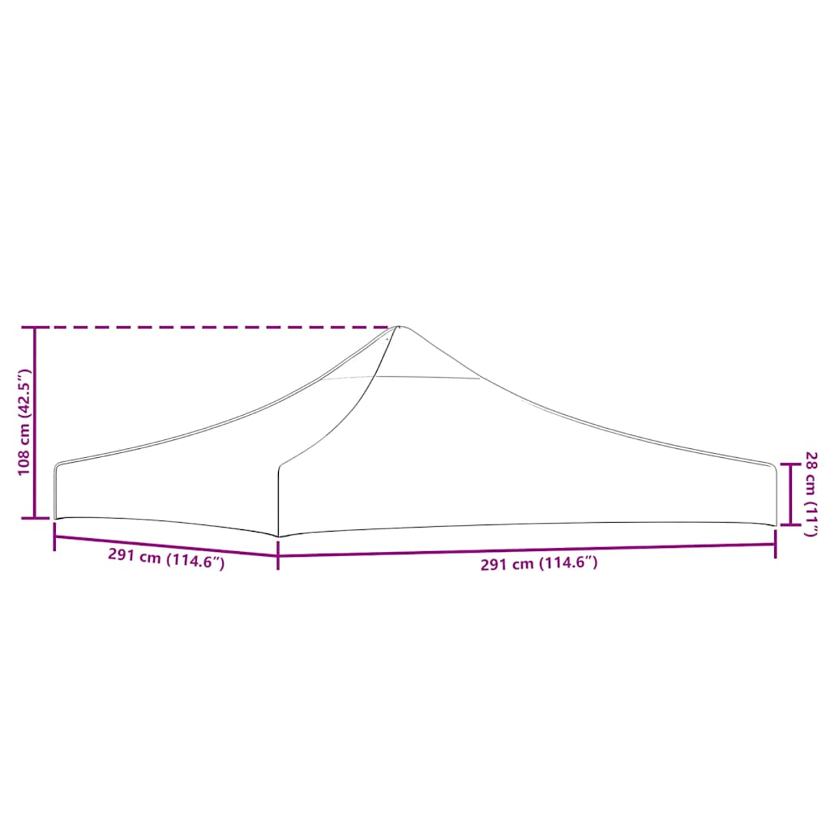 Schema tenda con dimensioni: 291 cm (L) x 108 cm (A) x 28 cm (P).