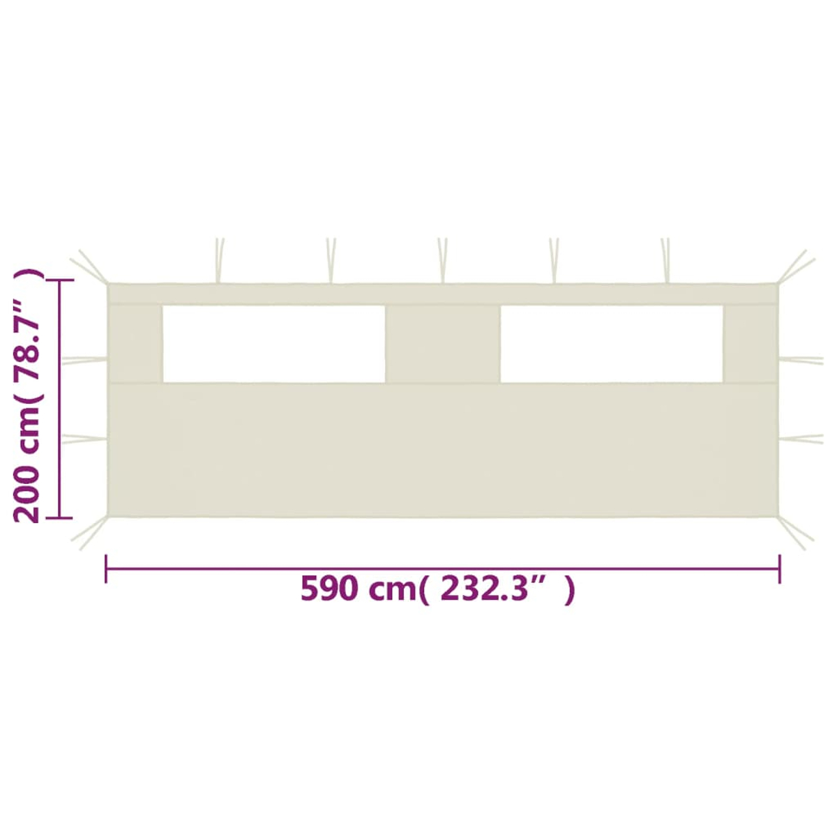 Tessuto parasole beige con lacci e dimensioni 590x200 cm.
