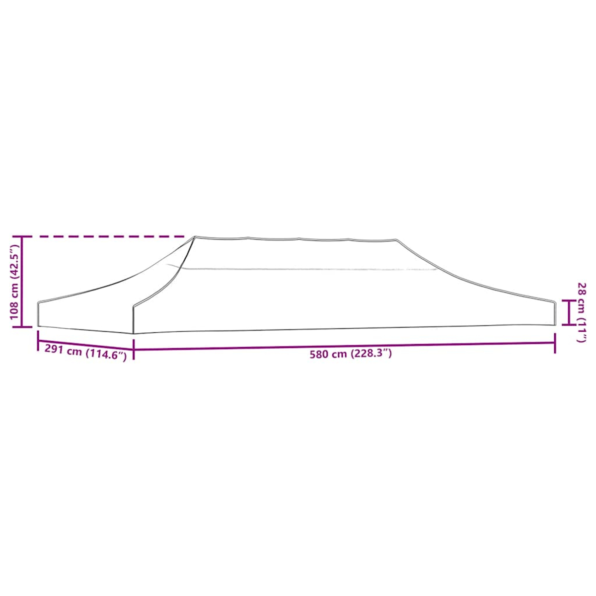 Disegno tecnico di una tenda con dimensioni: 580x291x108 cm.