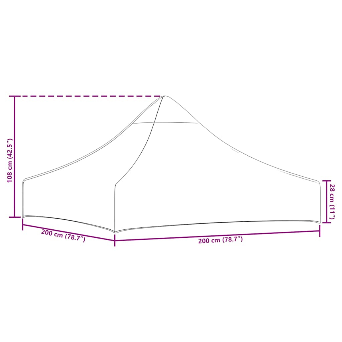 Disegno tecnico di tetto tenda con dimensioni: 108 cm altezza, 28 cm lato, 200 cm larghezza.