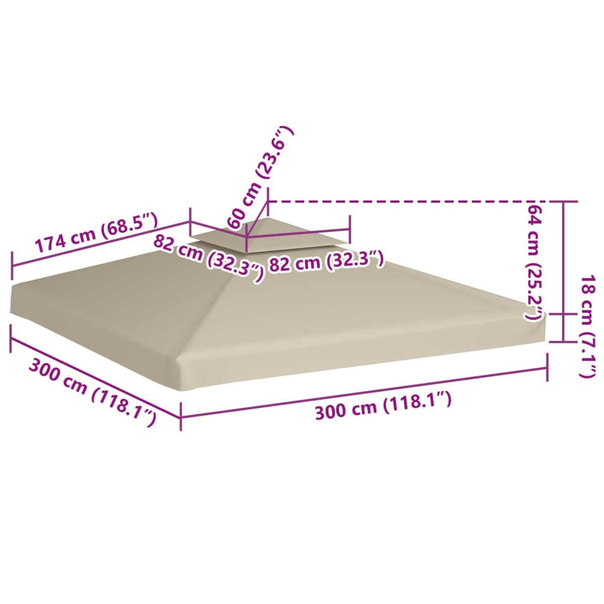 Un diagramma mostra un tetto per gazebo beige con dimensioni in cm e pollici.