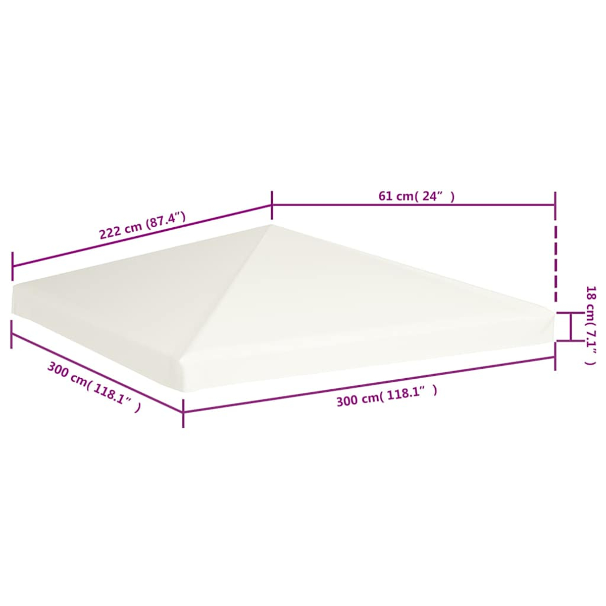 Tetto di tenda bianco con dimensioni 300x222x61 cm e altezza 18 cm.