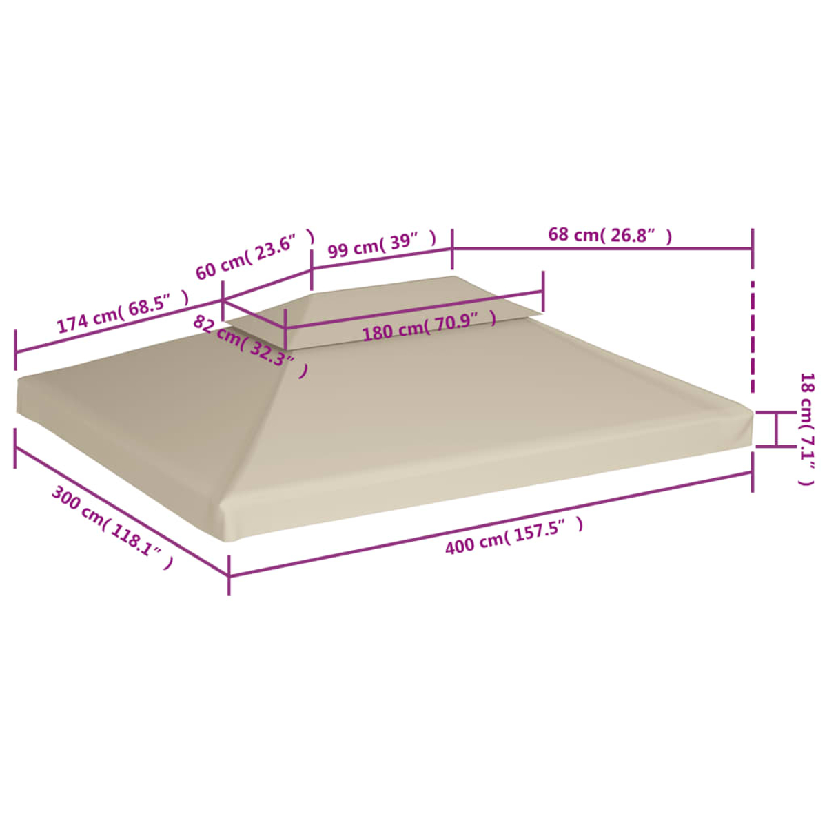 Copertura gazebo beige con dimensioni in cm e pollici.