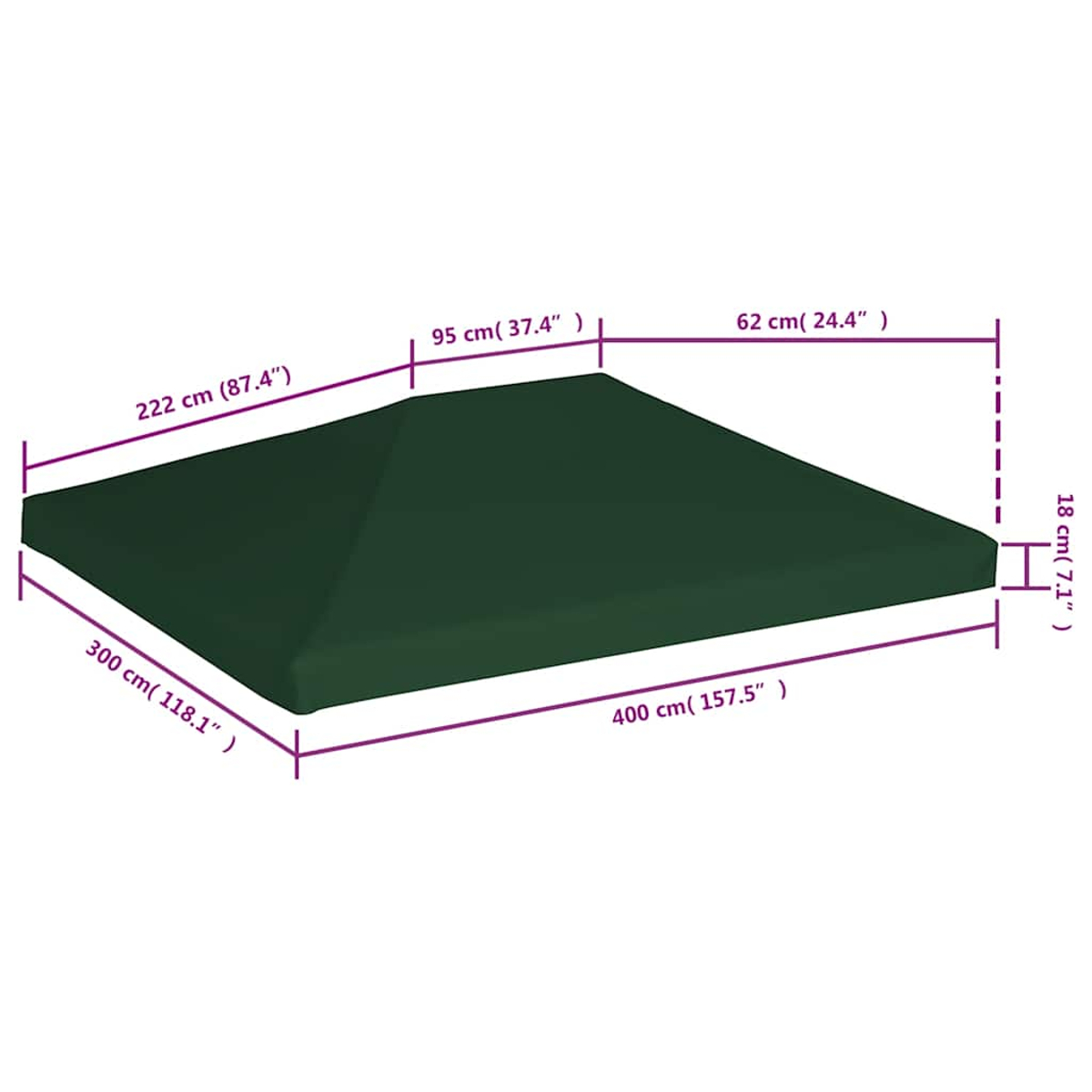 Tendalino verde scuro con dimensioni: 400x300x18 cm.