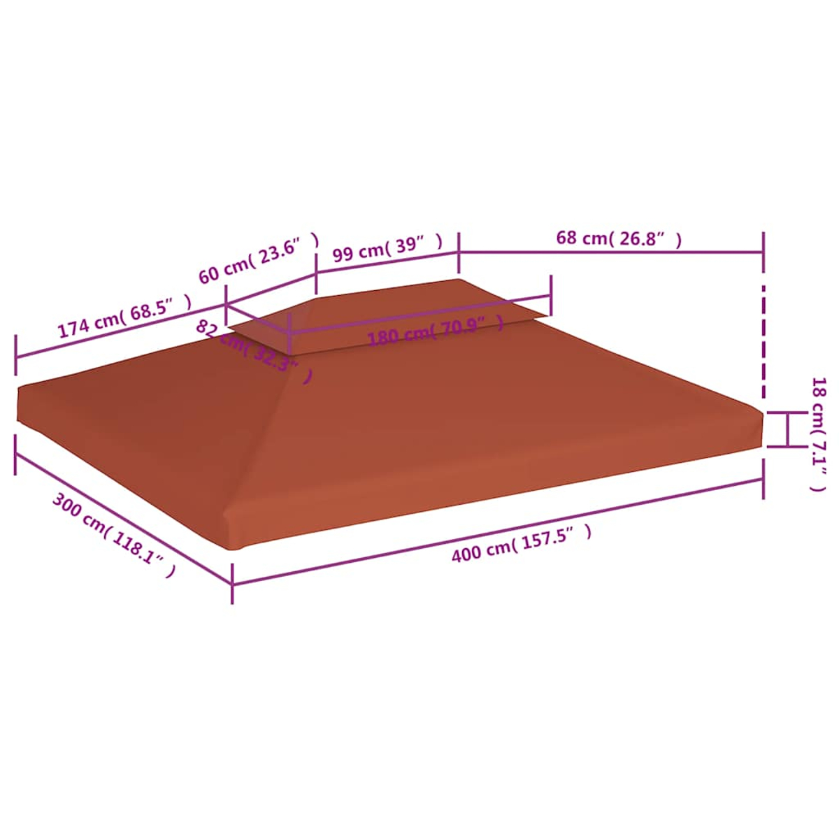 Una copertura per gazebo marrone con dimensioni. Lunghezza 400cm, larghezza 300cm, altezza 18cm.