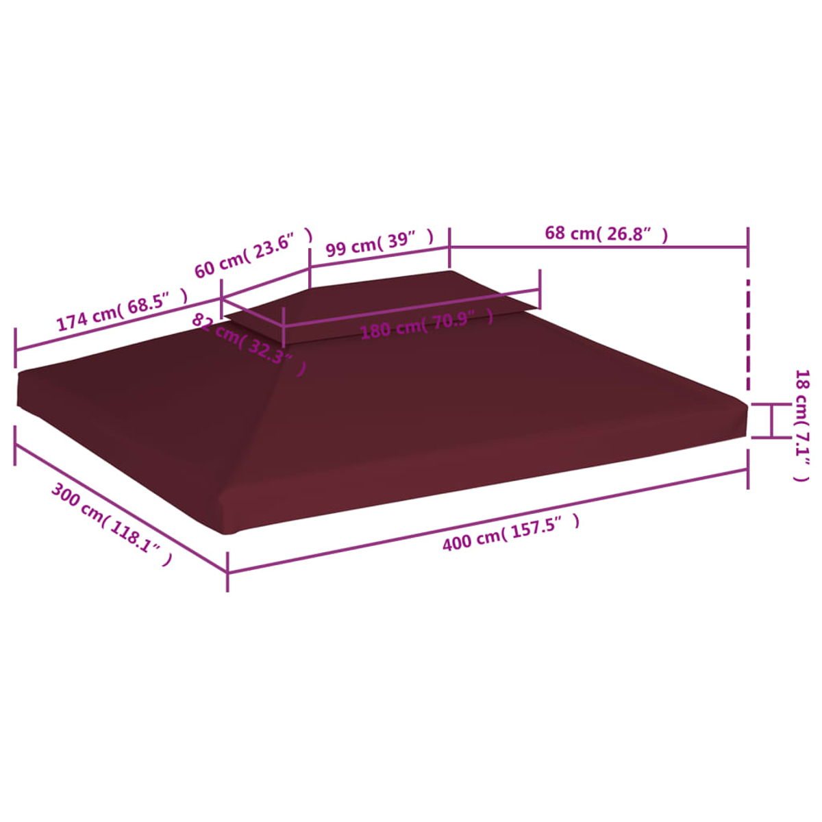 Toldo para cenador de 400x300x174 cm en color burdeos.