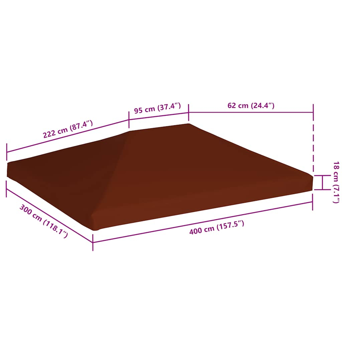 Tettoia marrone con dimensioni: lunghezza 400cm, larghezza 300cm, altezza 18cm.