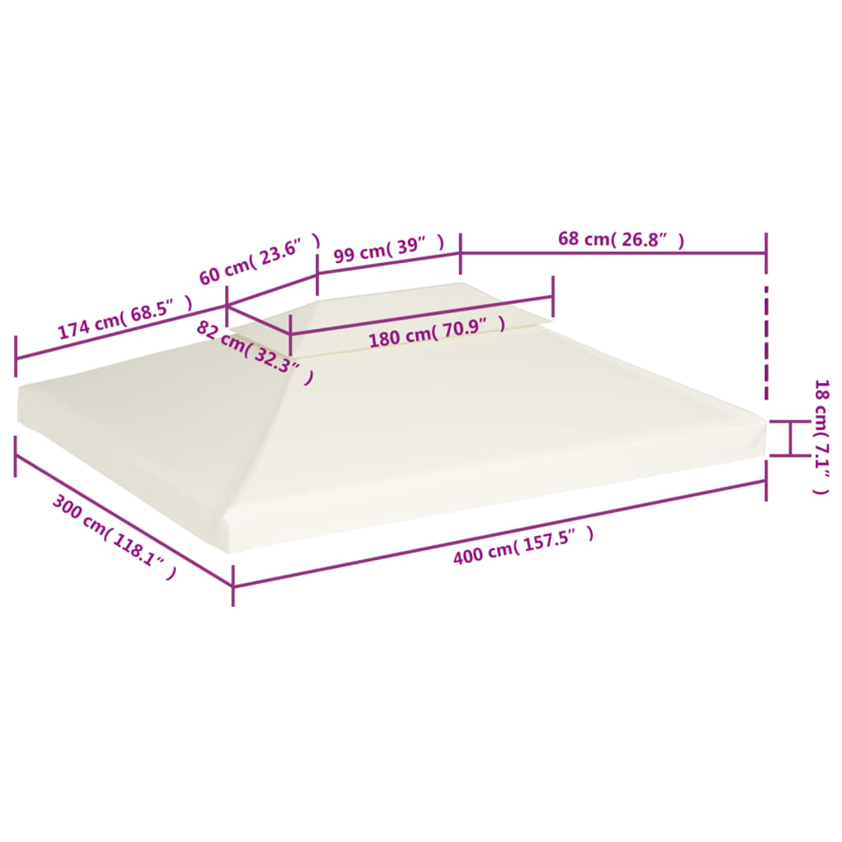 Tetto gazebo beige con dimensioni: base 400x300 cm, superiore 180 cm, altezza 174 cm.