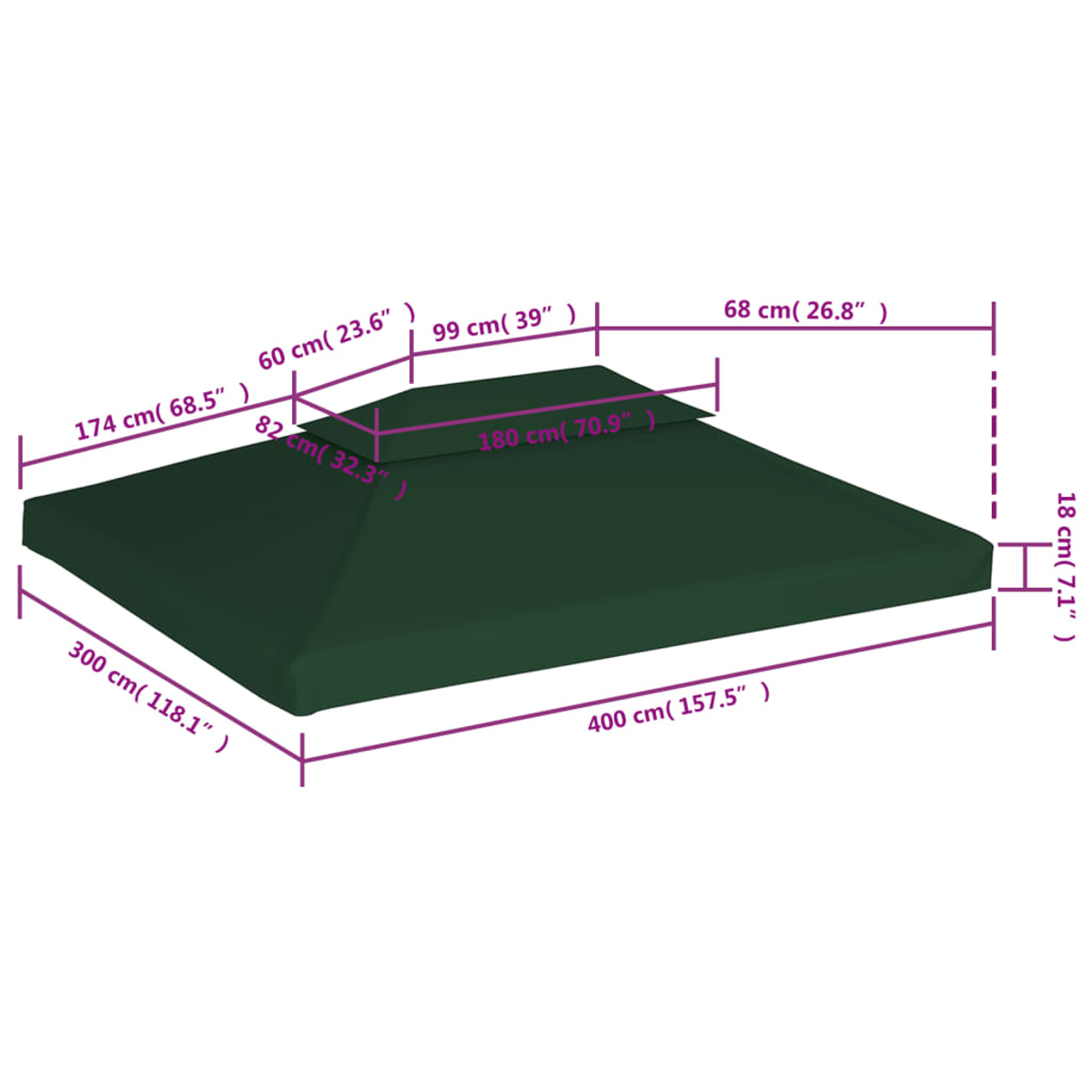 Copertura tetto gazebo verde scuro con dimensioni.
