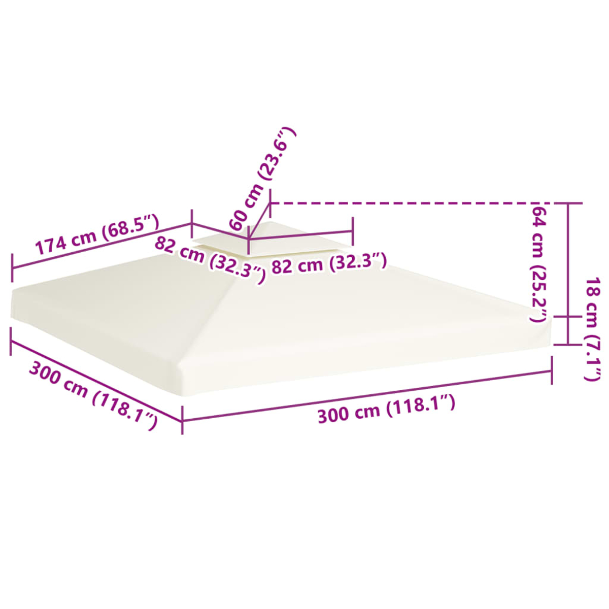 Una copertura per gazebo bianca con dimensioni: base 300x300 cm, altezza 174 cm, punta 60 cm.