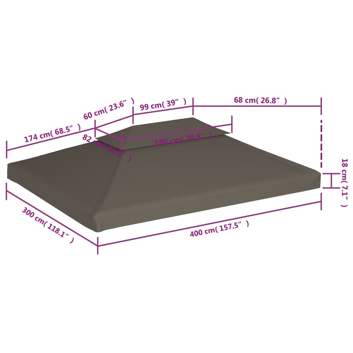 Gazebo grigio con dimensioni. Lunghezza 400cm, larghezza 300cm.