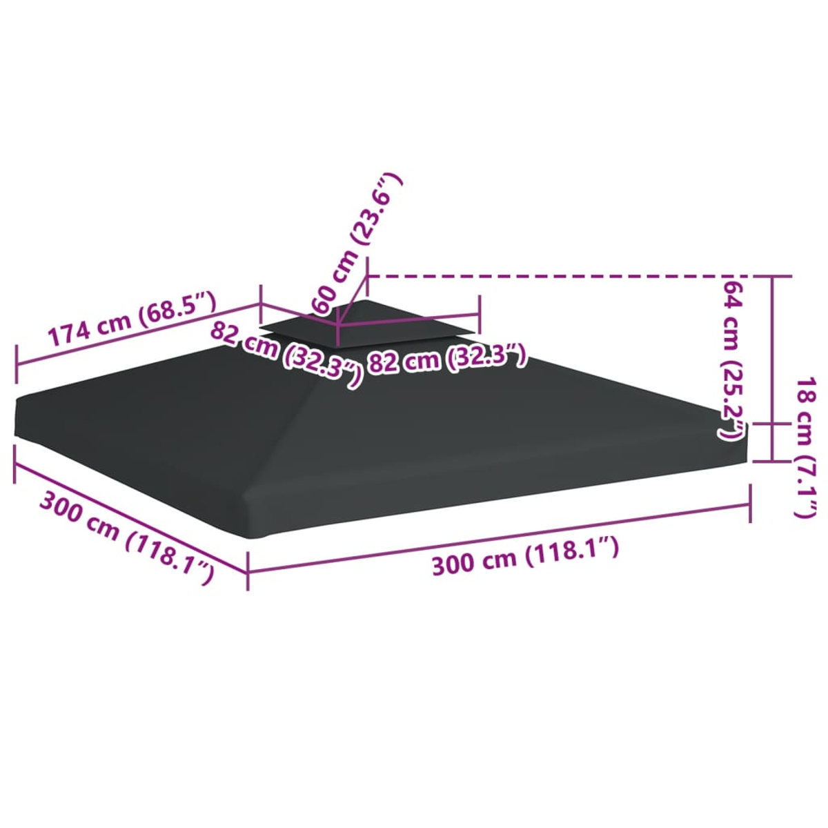 Telo per gazebo grigio scuro, dimensioni 300x300cm, altezza 174cm.