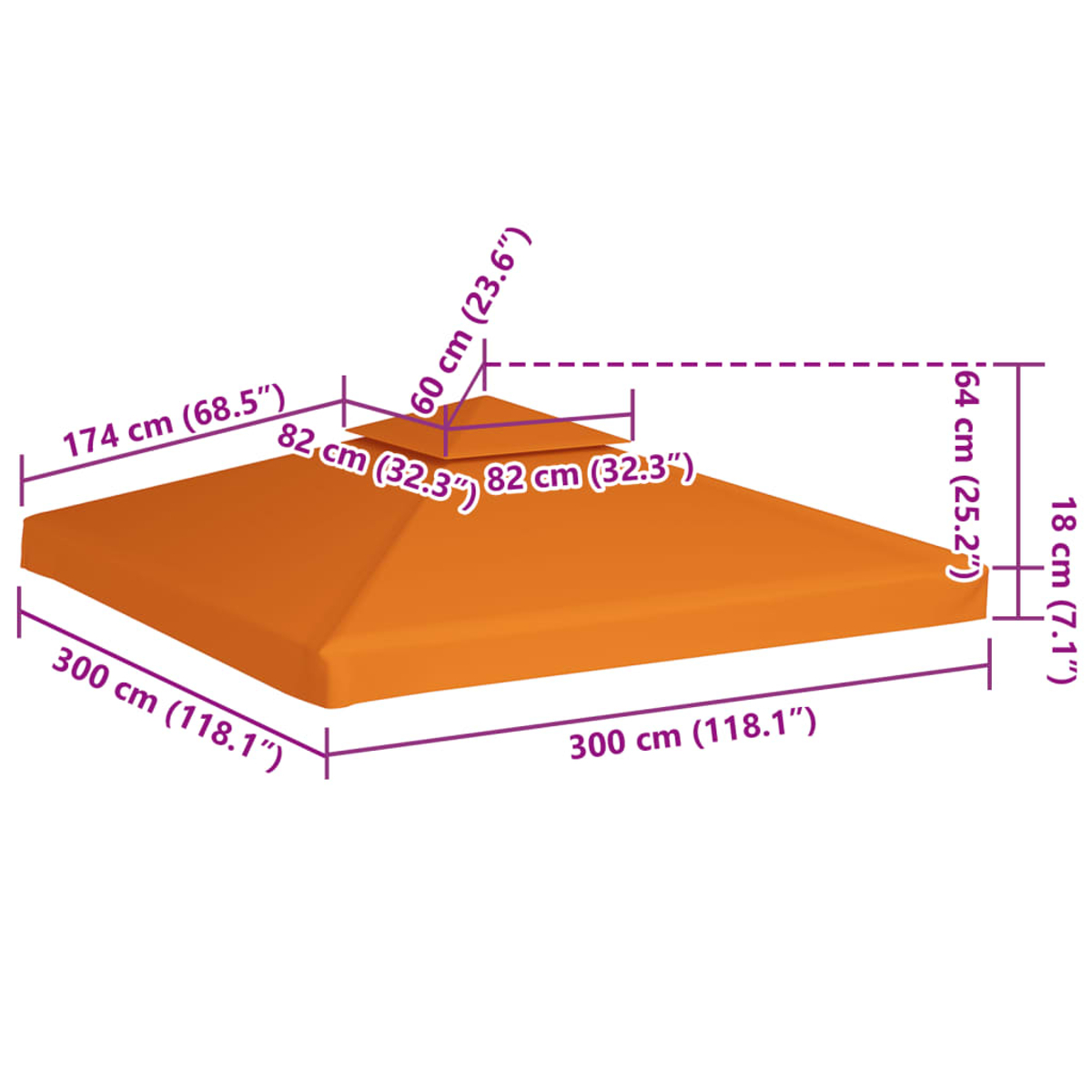 Tenda da sole arancione con dimensioni 300x300cm. Altezza 174cm.