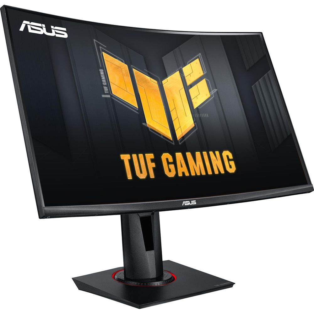 Ein gekrümmter Asus TUF Gaming Monitor mit gelbem Logo und Schriftzug.