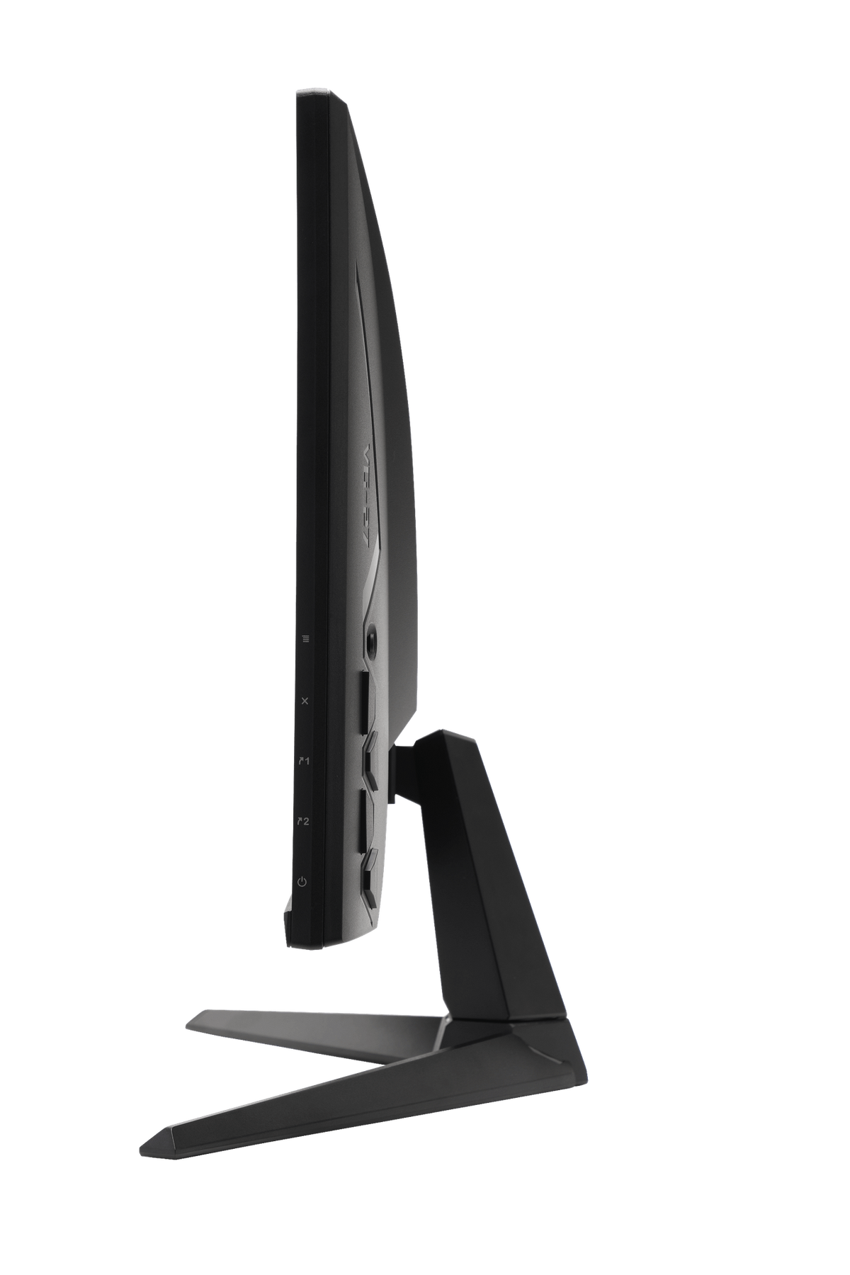 Czarny monitor w profilu pokazujący przyciski sterujące i podstawę.