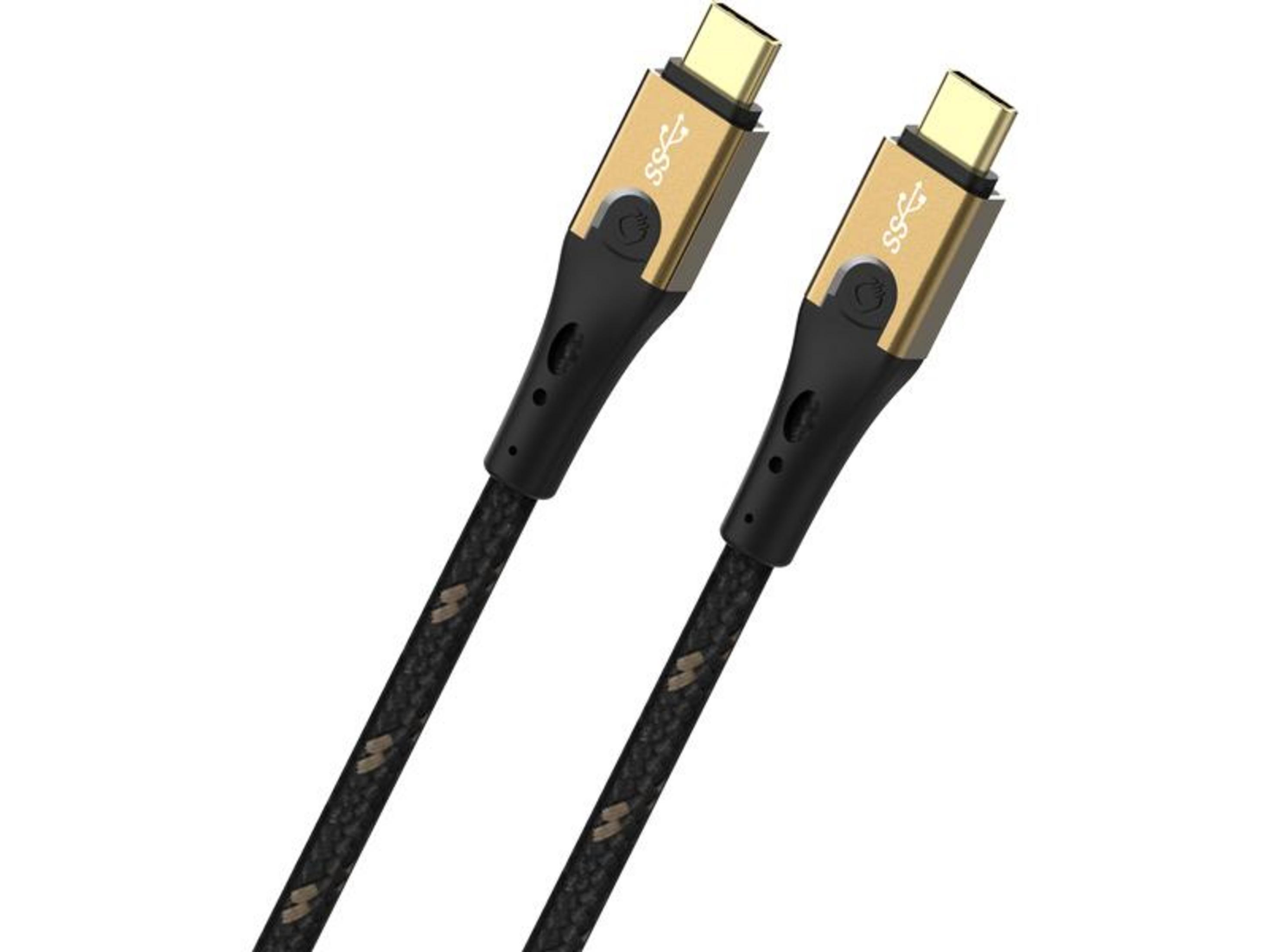 Zwei USB-C-Kabel mit goldenen Anschlüssen und schwarzem Geflecht.