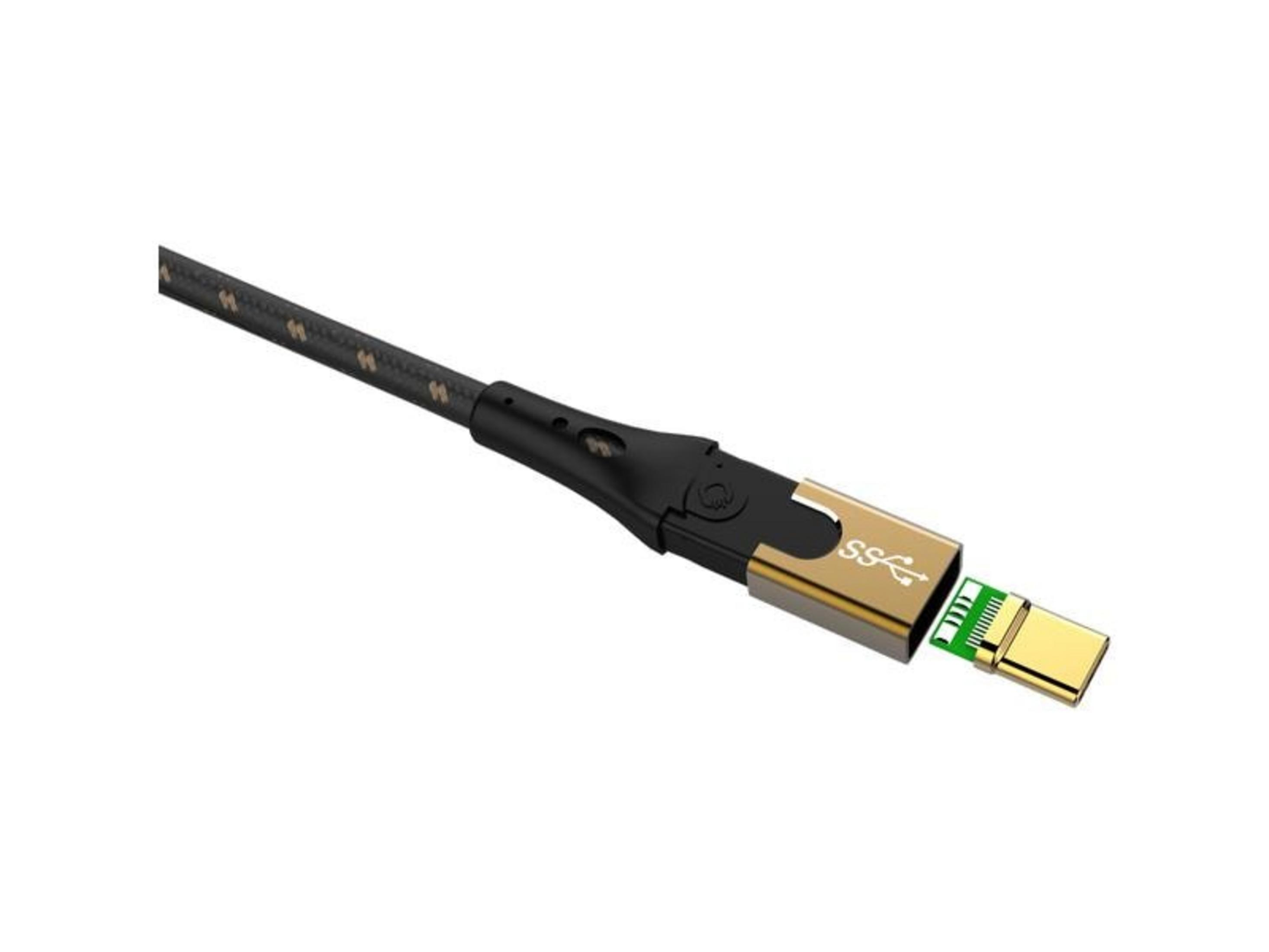 Schwarzes USB-Kabel mit goldenem Stecker und grüner Platine.