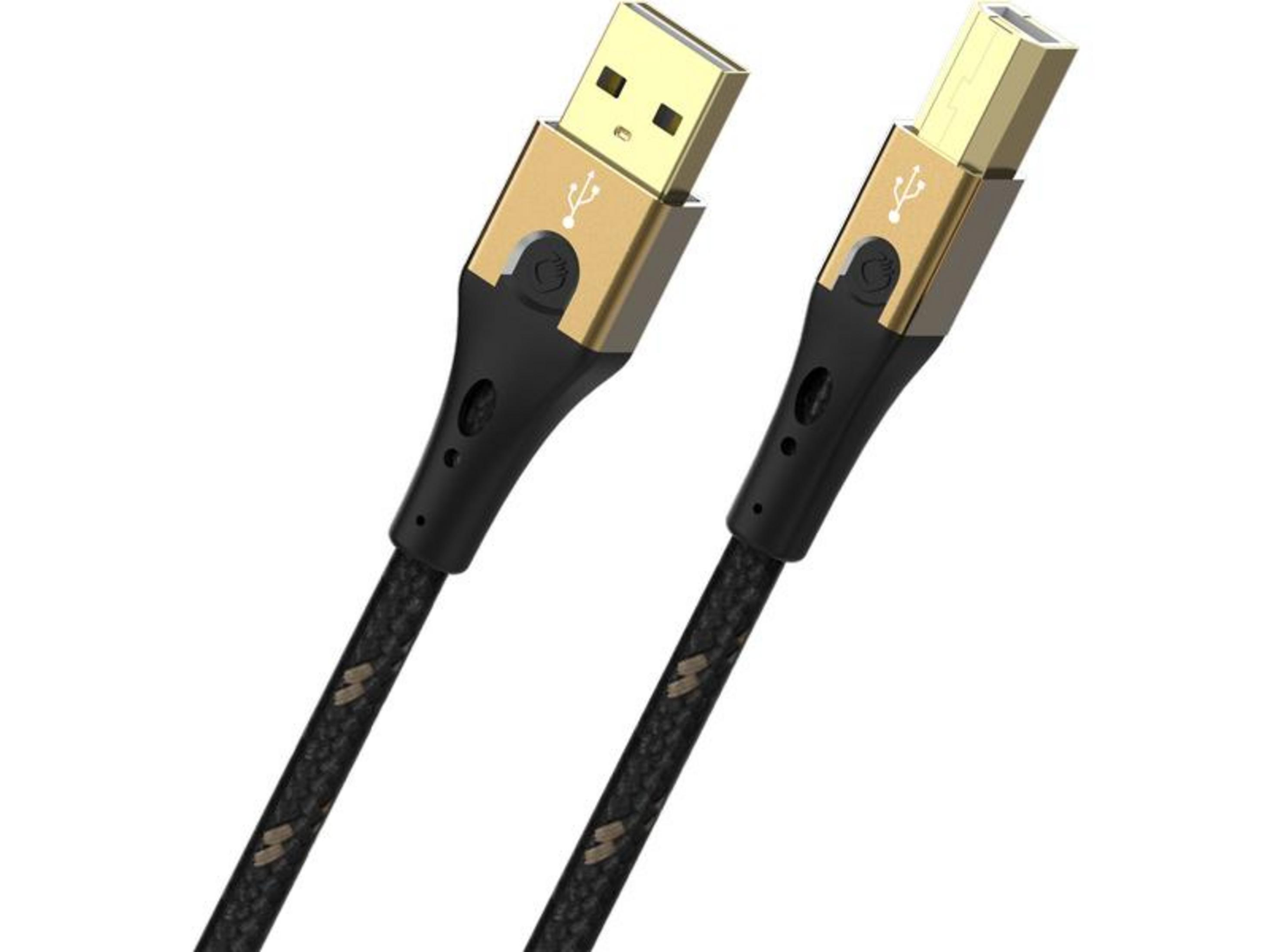 Ein schwarzes USB-Kabel mit goldenen Anschlüssen und schwarzem Geflecht.