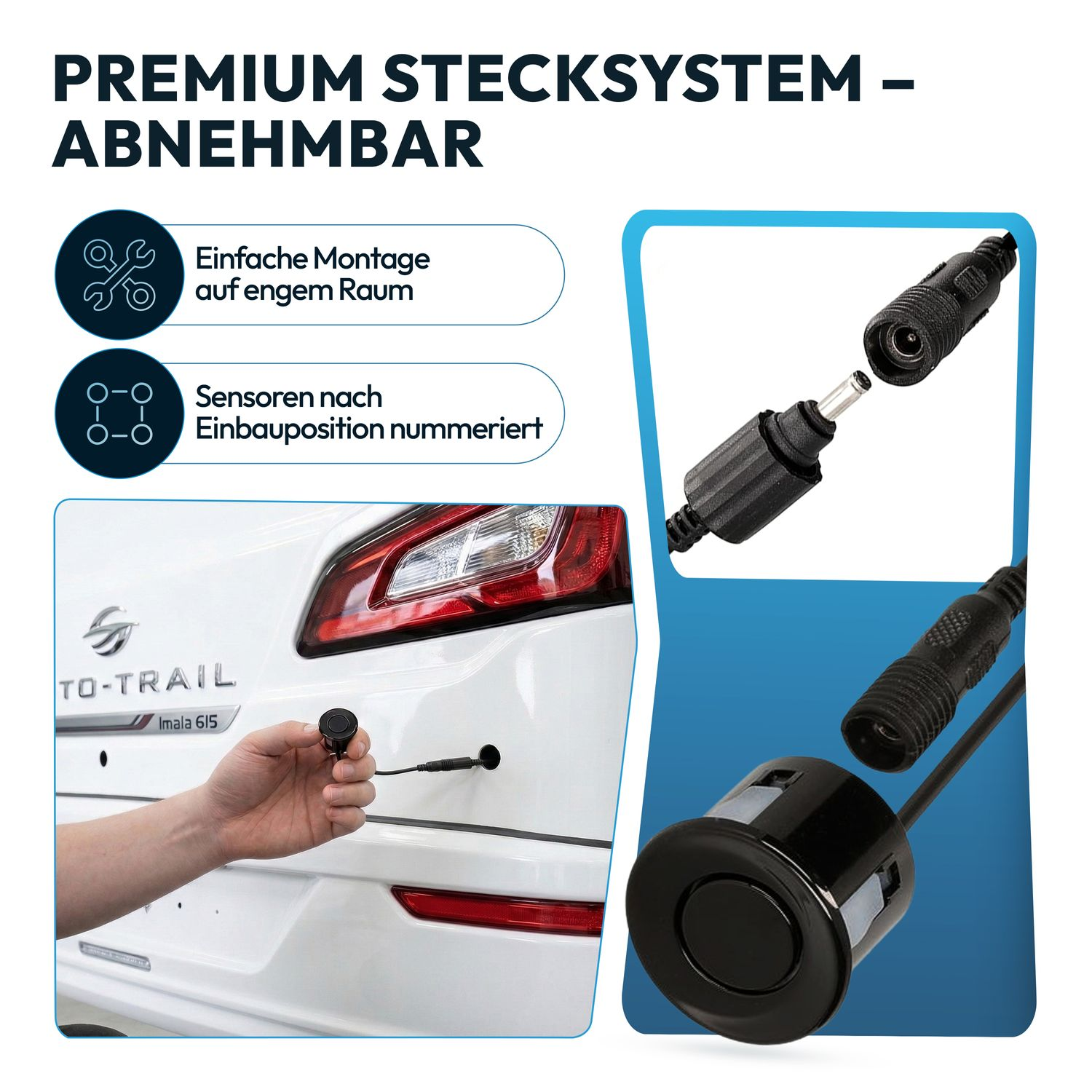 Nahaufnahme eines Parksensors, der in ein Auto montiert wird. Kabel und Stecker sind sichtbar.
