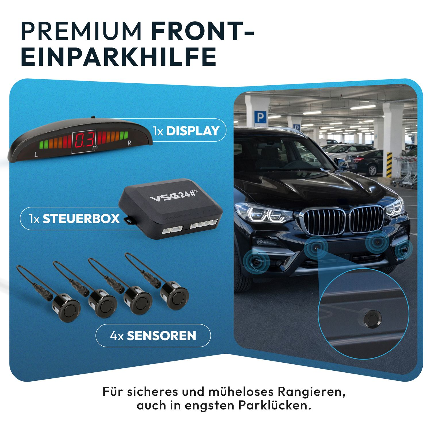 Vorderer Parkassistent mit Display, Steuerbox und vier Sensoren.