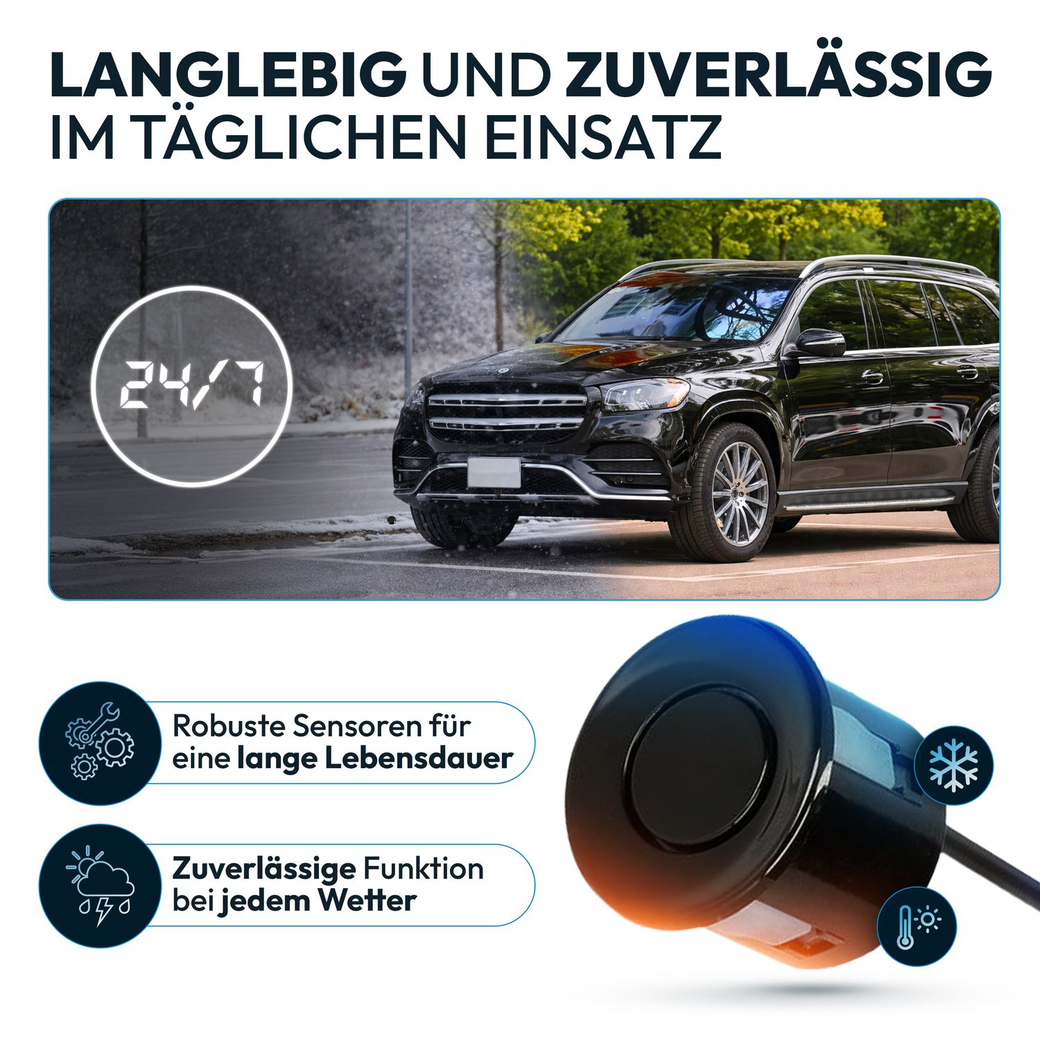 Schwarzes Auto im Schnee, 24/7-Symbol und Sensor.