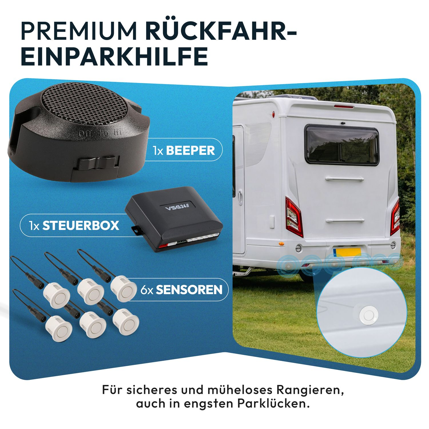 Premium Rückfahr-Einparkhilfe mit Beeper, Steuerbox und 6 Sensoren für Wohnmobile.
