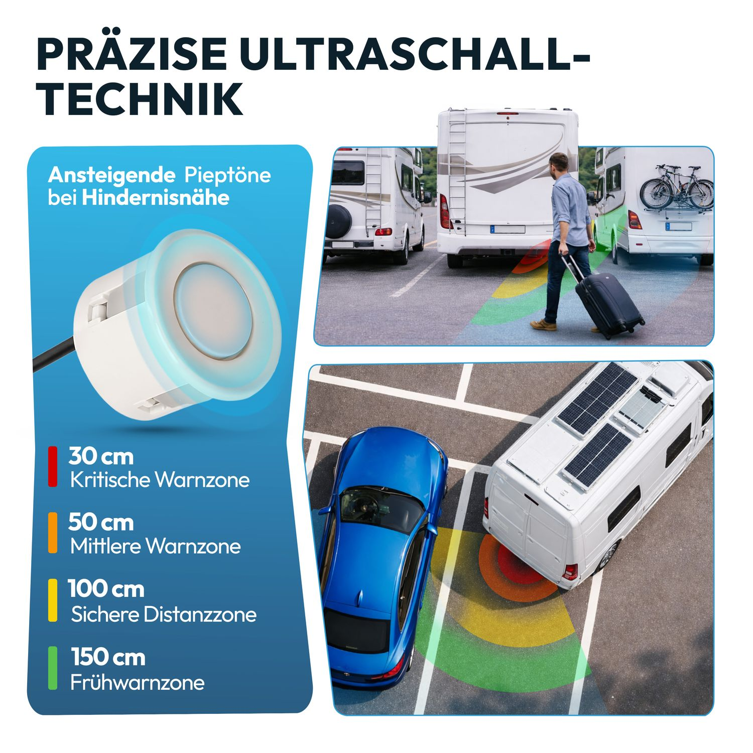 Präzise Ultraschalltechnik: Warntöne werden lauter bei Hindernisnähe.