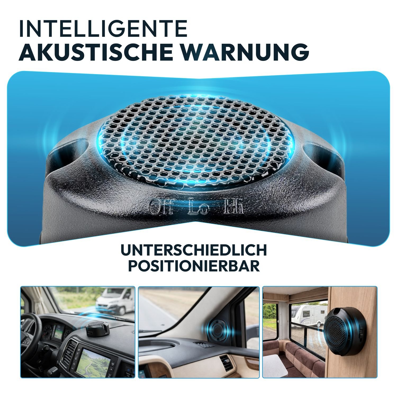 Schwarzer Lautsprecher mit blauem Licht, montiert im Wohnmobil-Innenraum.