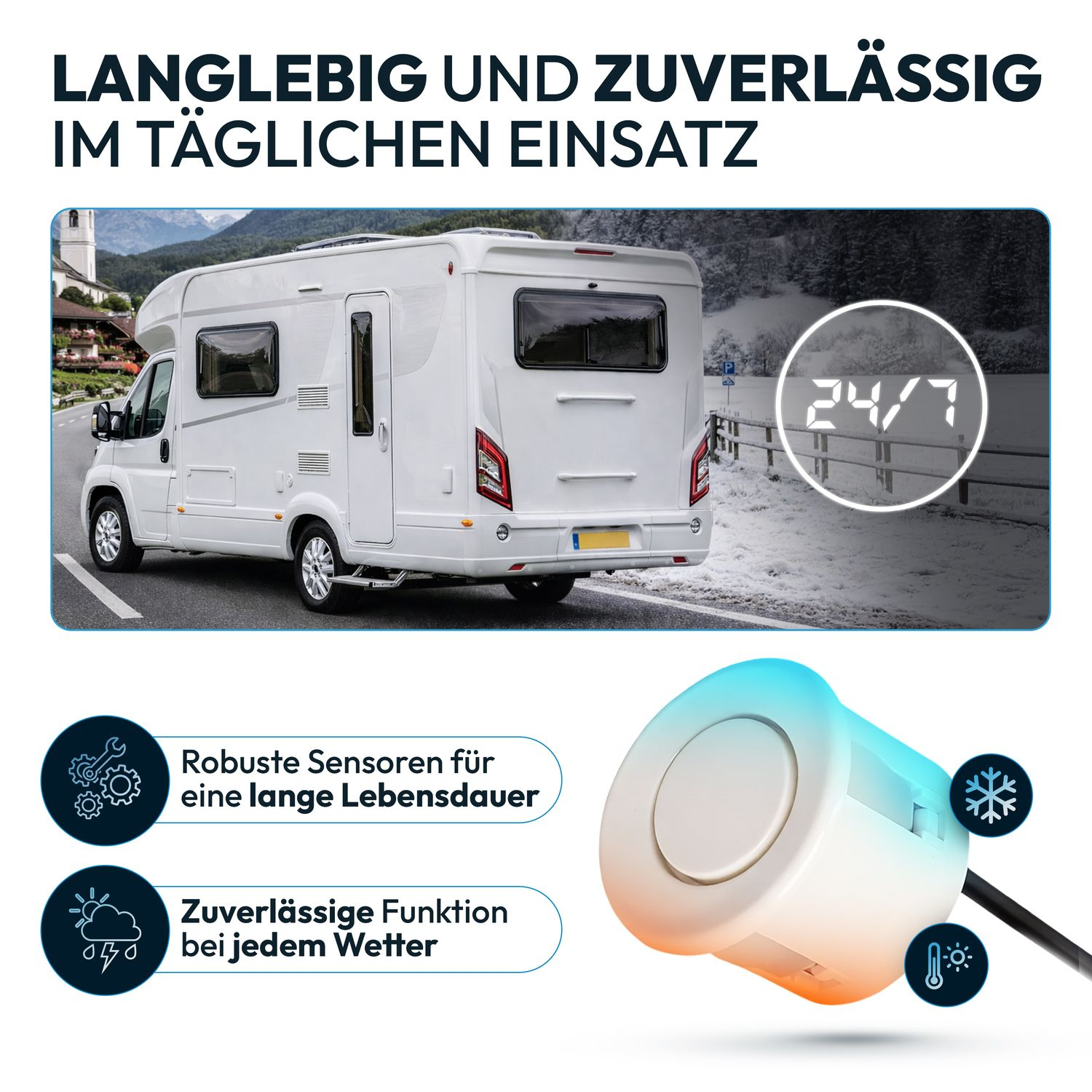 Wohnmobil mit Sensoren, robust und wetterfest, für 24/7 Einsatz.