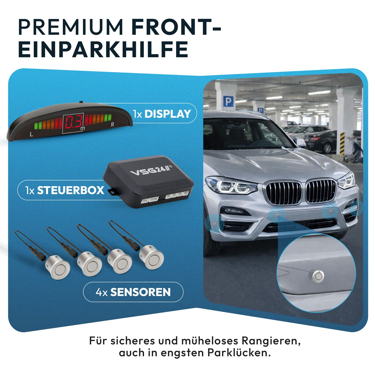 Premium Einparkhilfe: Display, Steuerbox, 4 Sensoren und silbernes Auto.