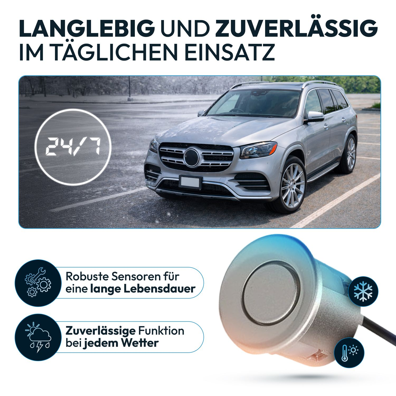 Silbernes SUV parkt bei Schnee. Sensorik für 24/7 Einsatz.