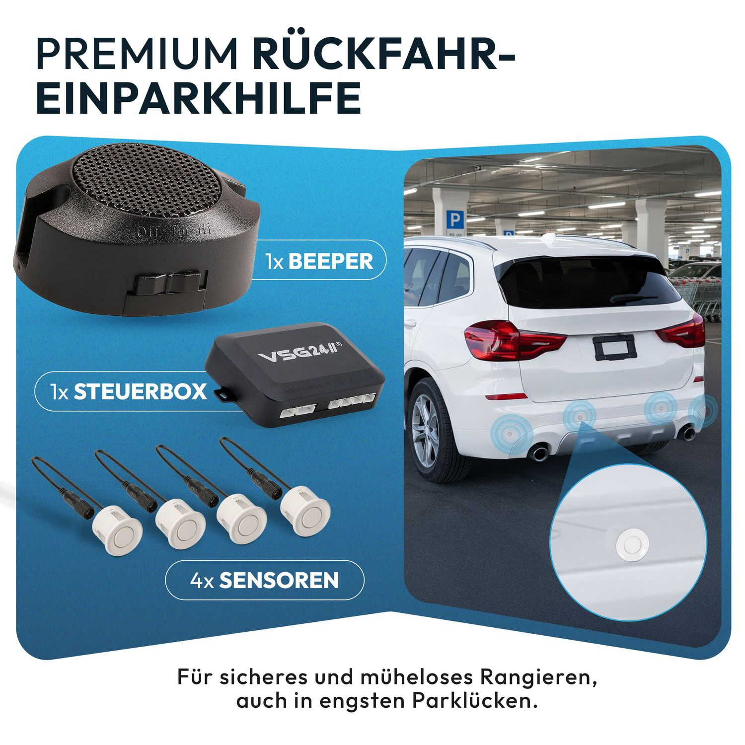 Premium Rückfahr-Einparkhilfe mit Beeper, Steuerbox und vier Sensoren für ein weißes Auto.