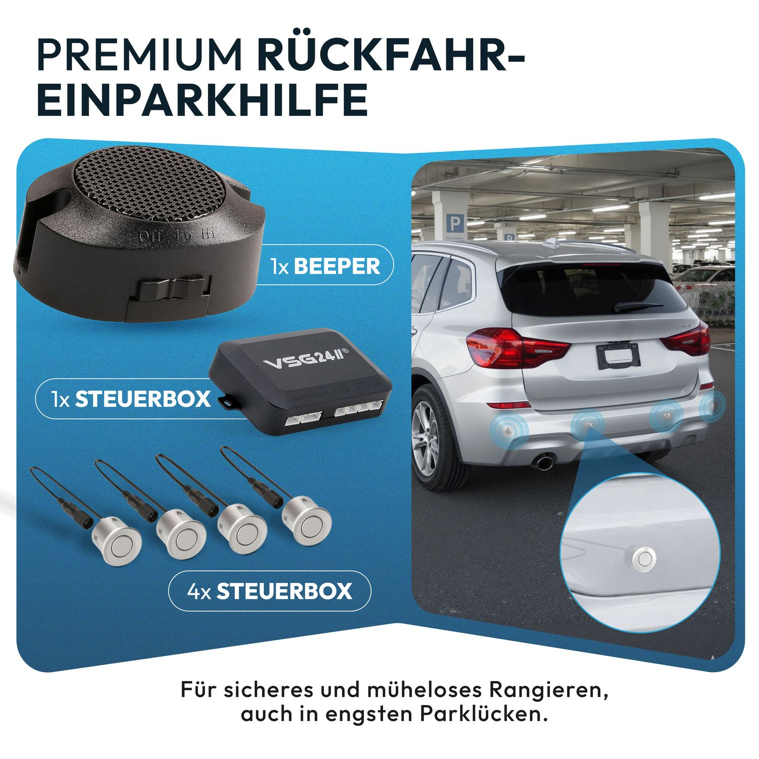 Einparkhilfe: Beeper, Steuerbox und Sensoren für Autos.