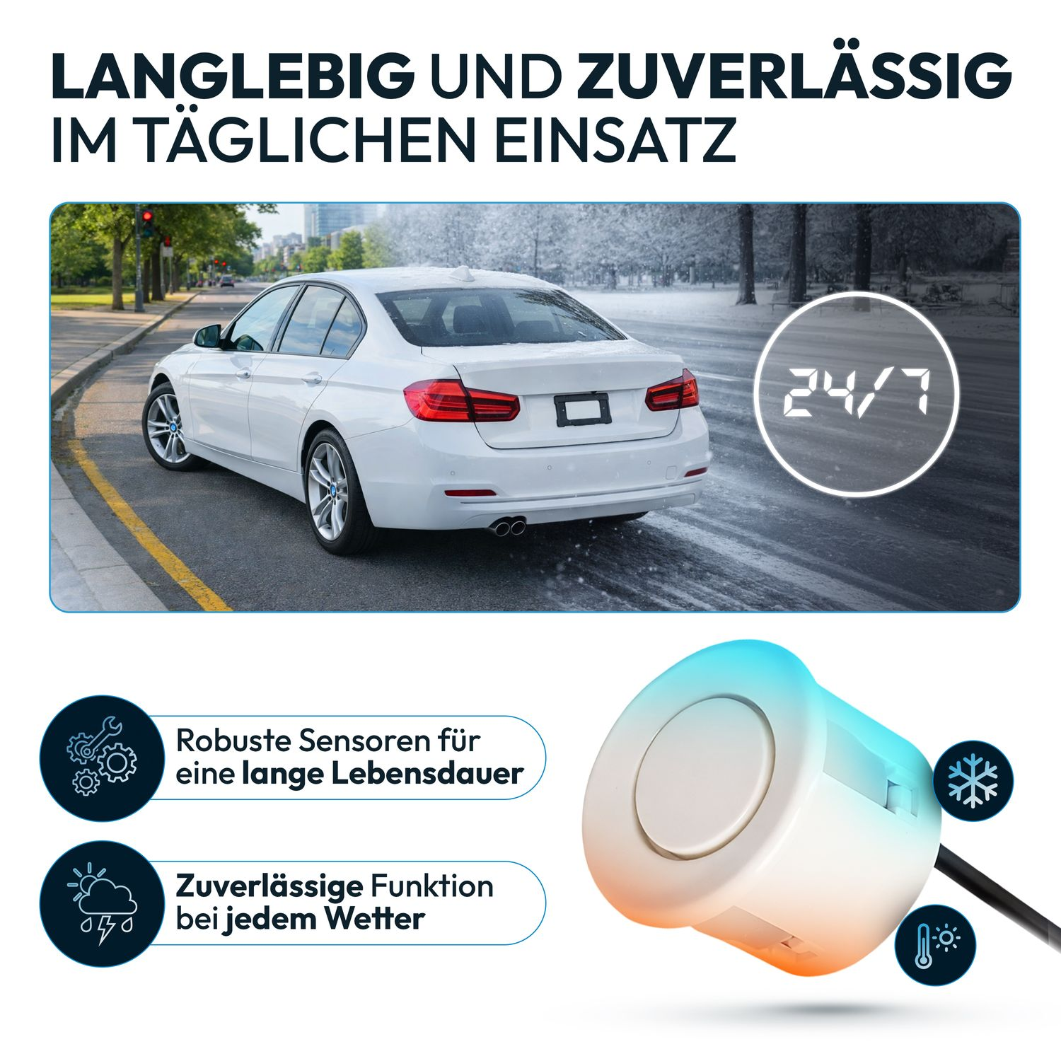 Weißes Auto bei Schnee und Regen, mit Text über robuste Sensoren.