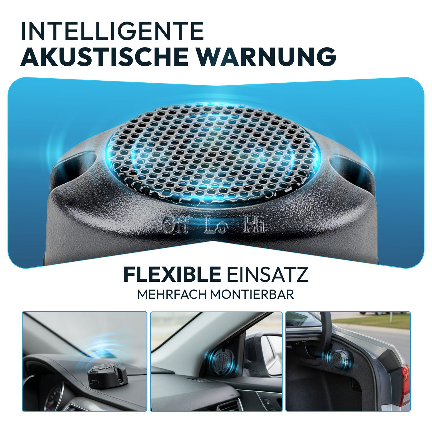 Intelligente akustische Warnung mit flexiblen Einbauoptionen im Auto.