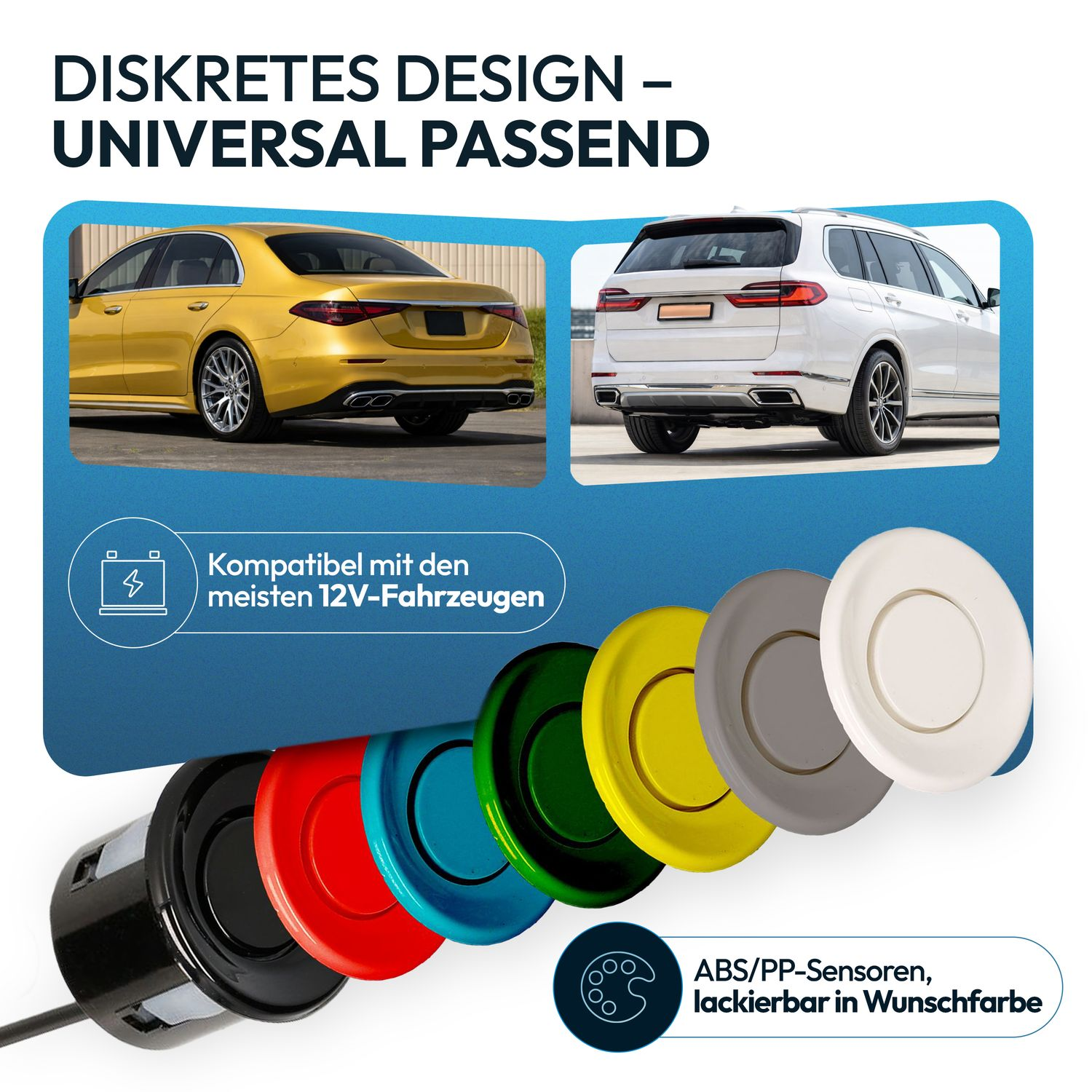 Verschiedene Parksensoren und Autos. Diskret und universell passend.