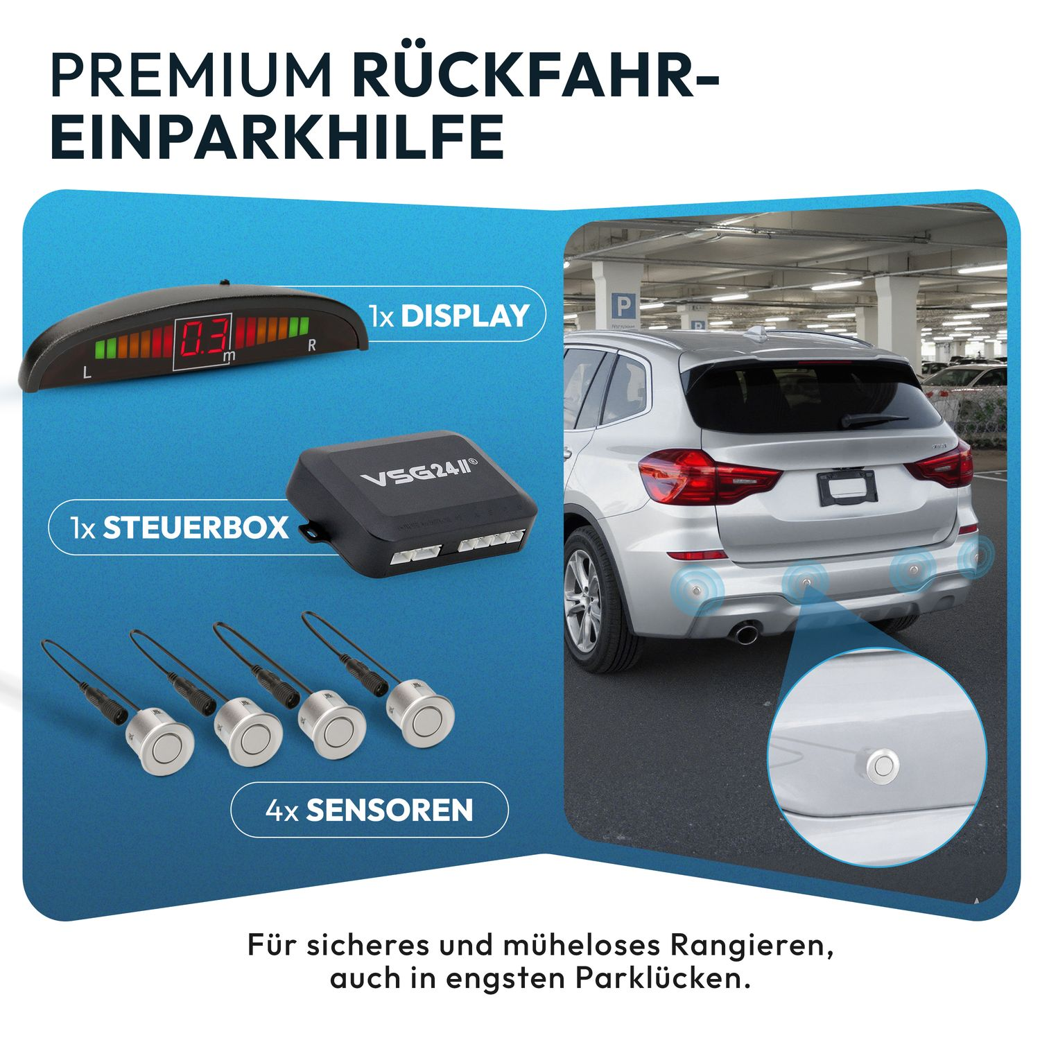 Einparkhilfe-Set mit Display, Steuerbox und vier Sensoren für ein Auto.