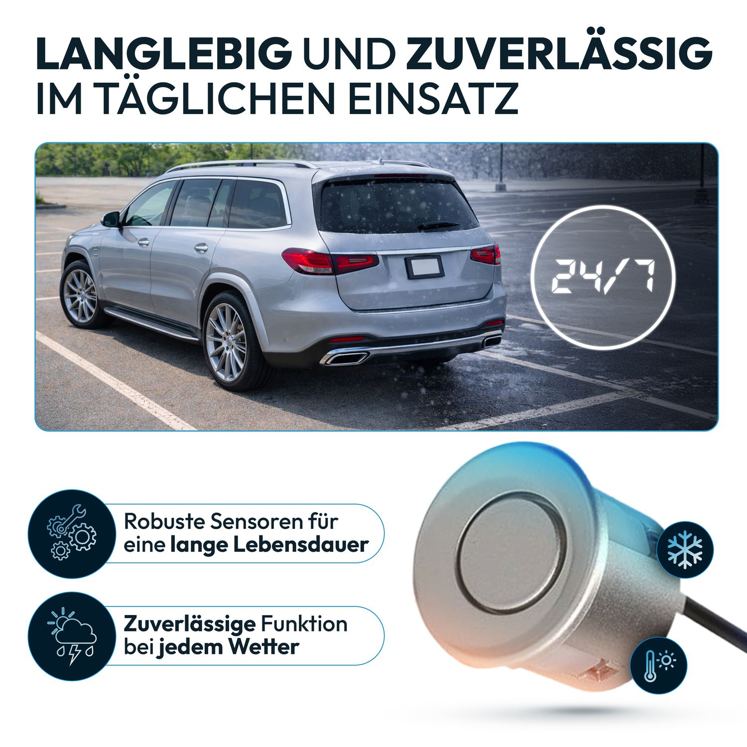 Ein silberner SUV parkt, daneben ein Sensor mit Symbolen für Kälte und Wärme.