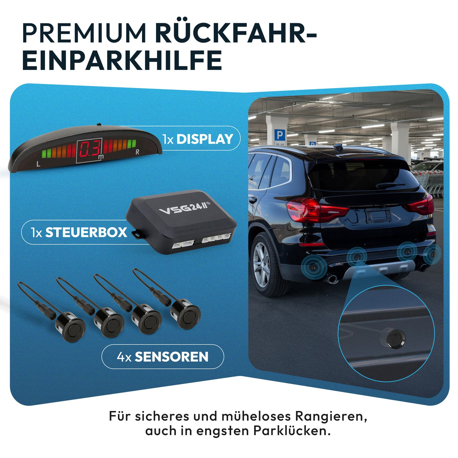 Einparkhilfe-Set mit Display, Steuerbox und Sensoren vor einem schwarzen Auto.