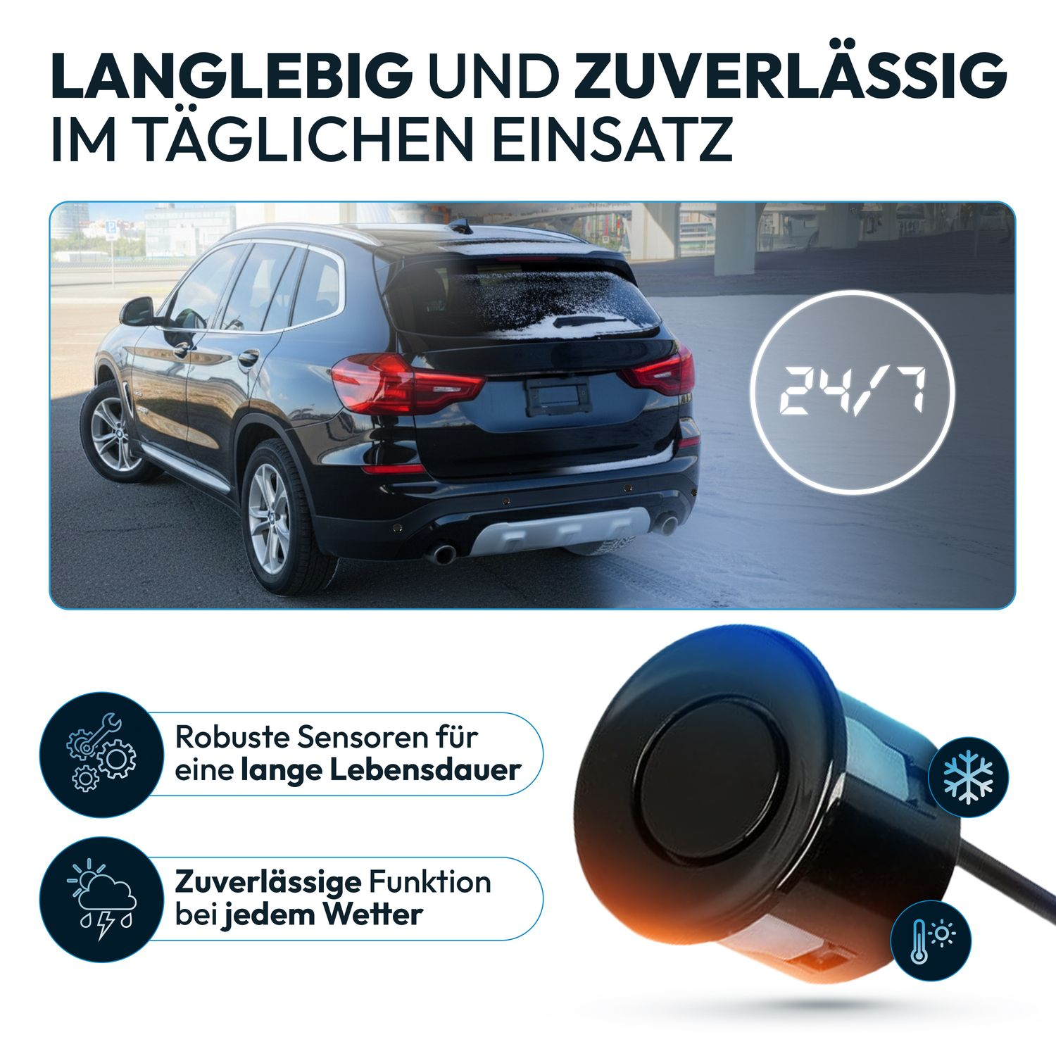 Schwarzer SUV im Schnee mit Text und Parksensoren. 24/7.