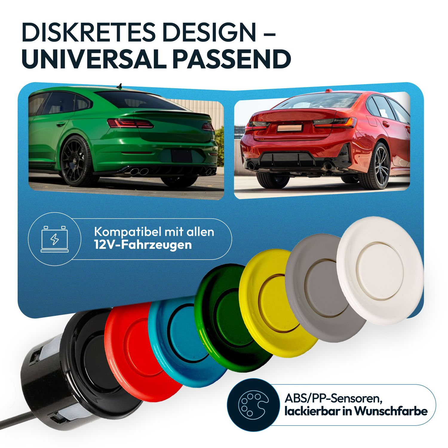 Diskretes Design: Grüne und rote Autos mit Parksensoren in verschiedenen Farben.